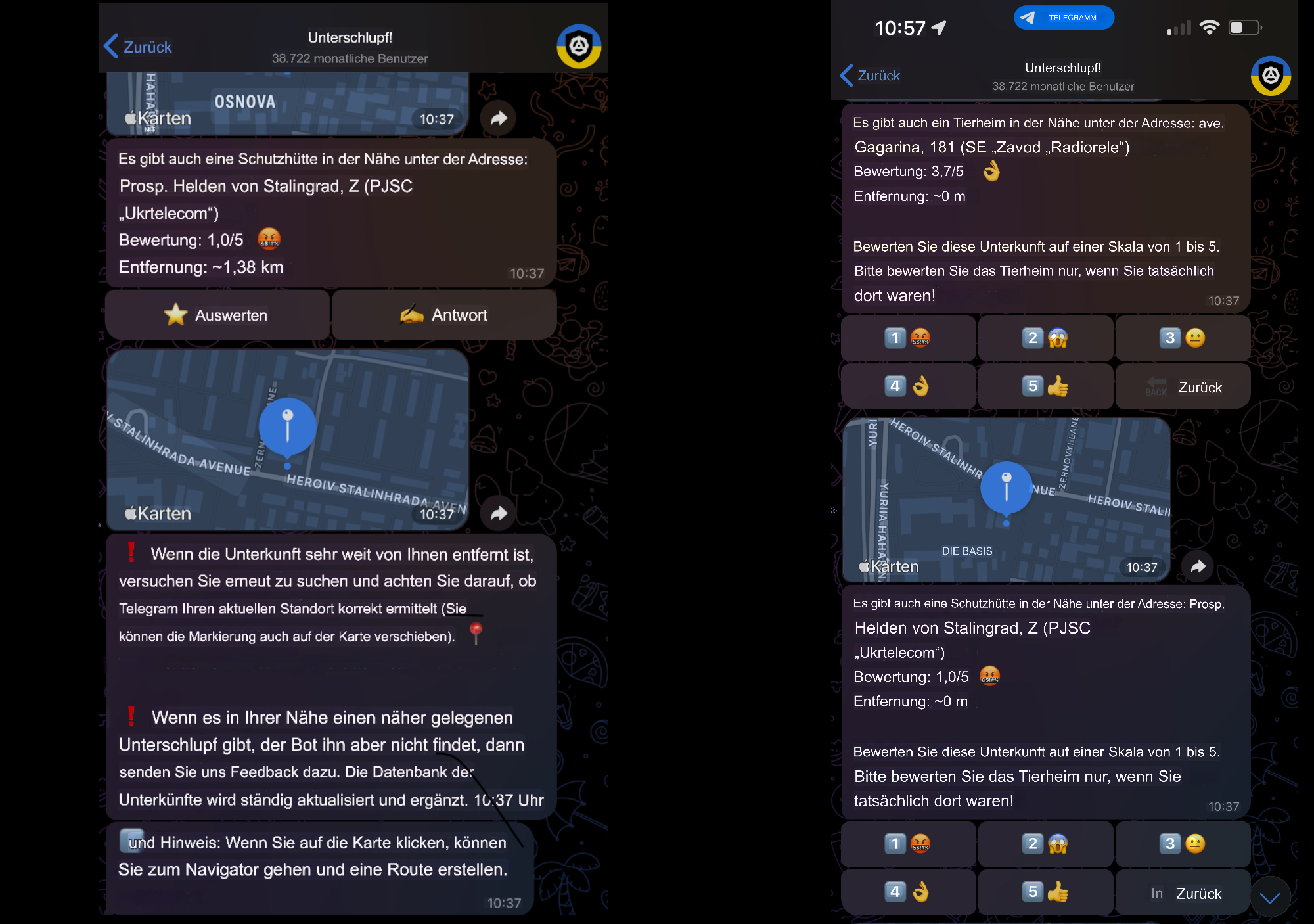 Zwei Screenshots mit automatischer Übersetzung von Google. Sie zeigen einen Ausschnitt der gelieferten Ergebnisse. (Unschärfe bei der Übersetzung beachten)