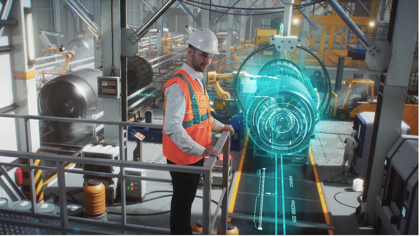 Digitalen Zwillingsanwendung einer Hightech-Roboterlinie für die Produktion von Luft- und Raumfahrttriebwerken Foto- iStock.com: EvgeniyShkolenko