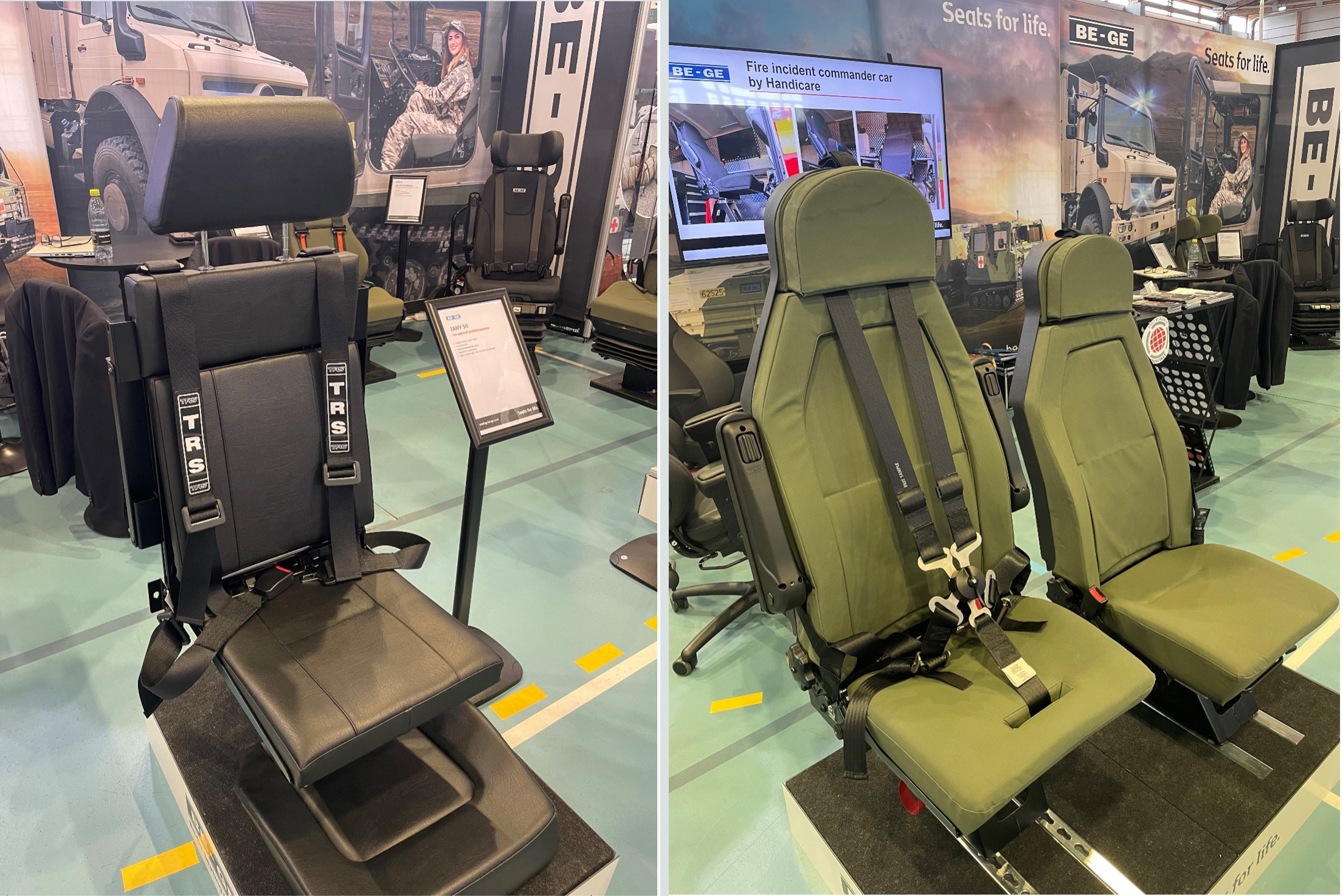 Fahrzeugsitz JANY 50 (l.) und die JANY 500 Serie (r.) M1-Sitz nach 76/115/EEC mit speziell für Militärfahrzeuge entworfener Rückenlehne, um Soldaten ein höheres Maß an Komfort zu bieten. Ein Teil der Schaumstoff-Rückenpolsterung und der Kopfstütze kann entfernt werden, wenn ein Soldat während der Fahrt eine Weste und einen Helm trägt. Es schafft sowohl eine korrekte Sitzposition als auch die richtige Verwendung der Kopfstütze, wodurch das Risiko von Schleudertrauma-Verletzungen verringert wird. Inklusive integriertem 5-Punkt-Sicherheitsgurt.