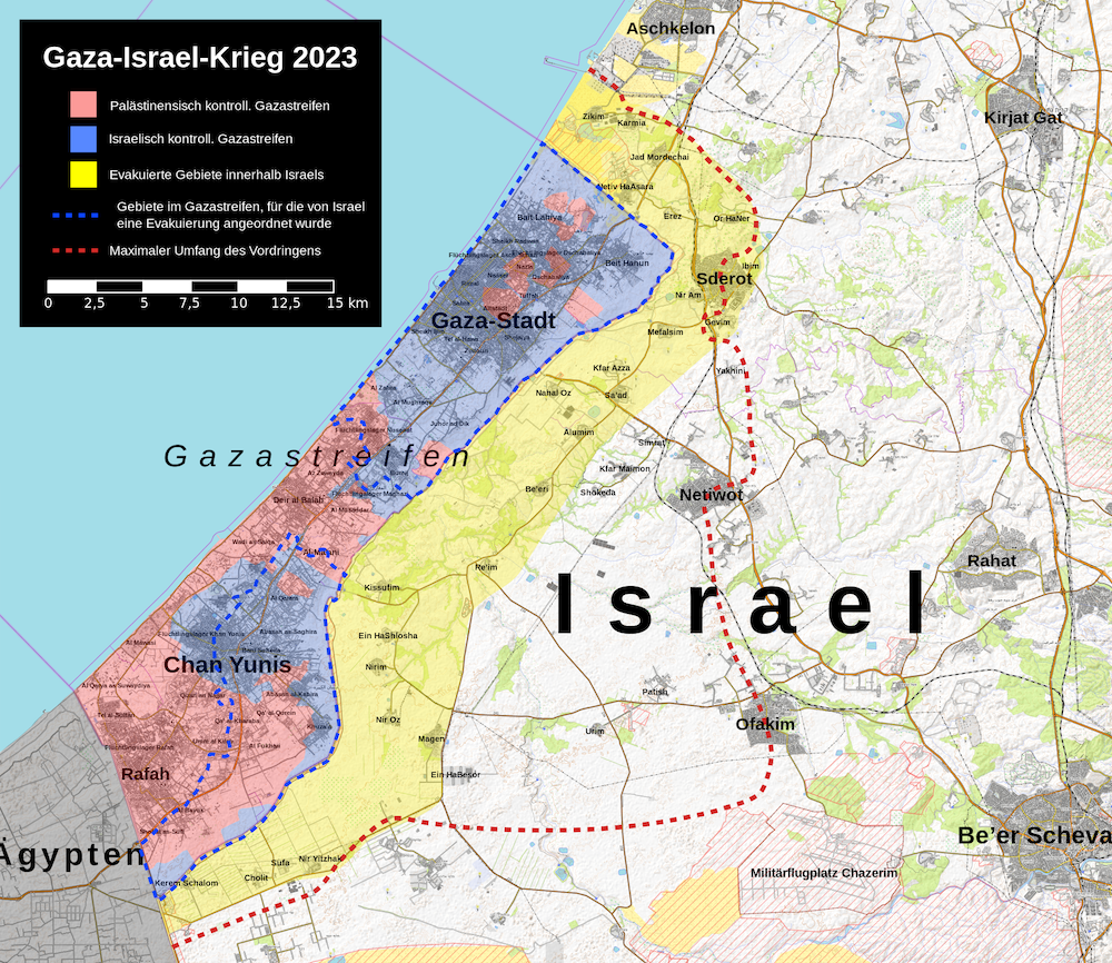 Frontverlauf Karte des Israel-Hamas-Krieges 2023, Stand 29.03.2024, wikimedia Ecrusized, influenced by user Rr016