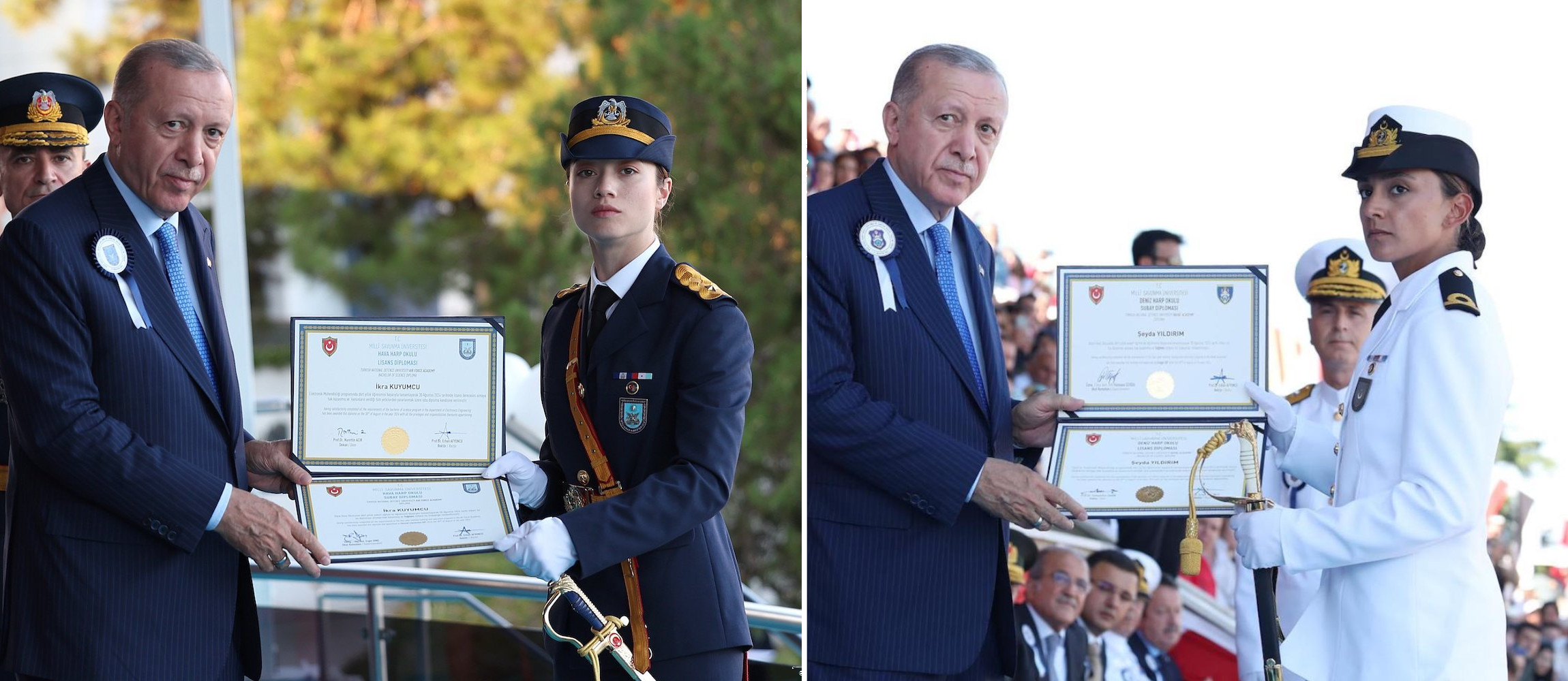 Präsident Erdoğan überreicht den beiden Jahrgangsbesten der Akademie der Luftstreitkräfte, İkra Kuyumcu, und der Akademie der Seestreitkräfte, Şeyda Yıldırım, ihre Diplome.