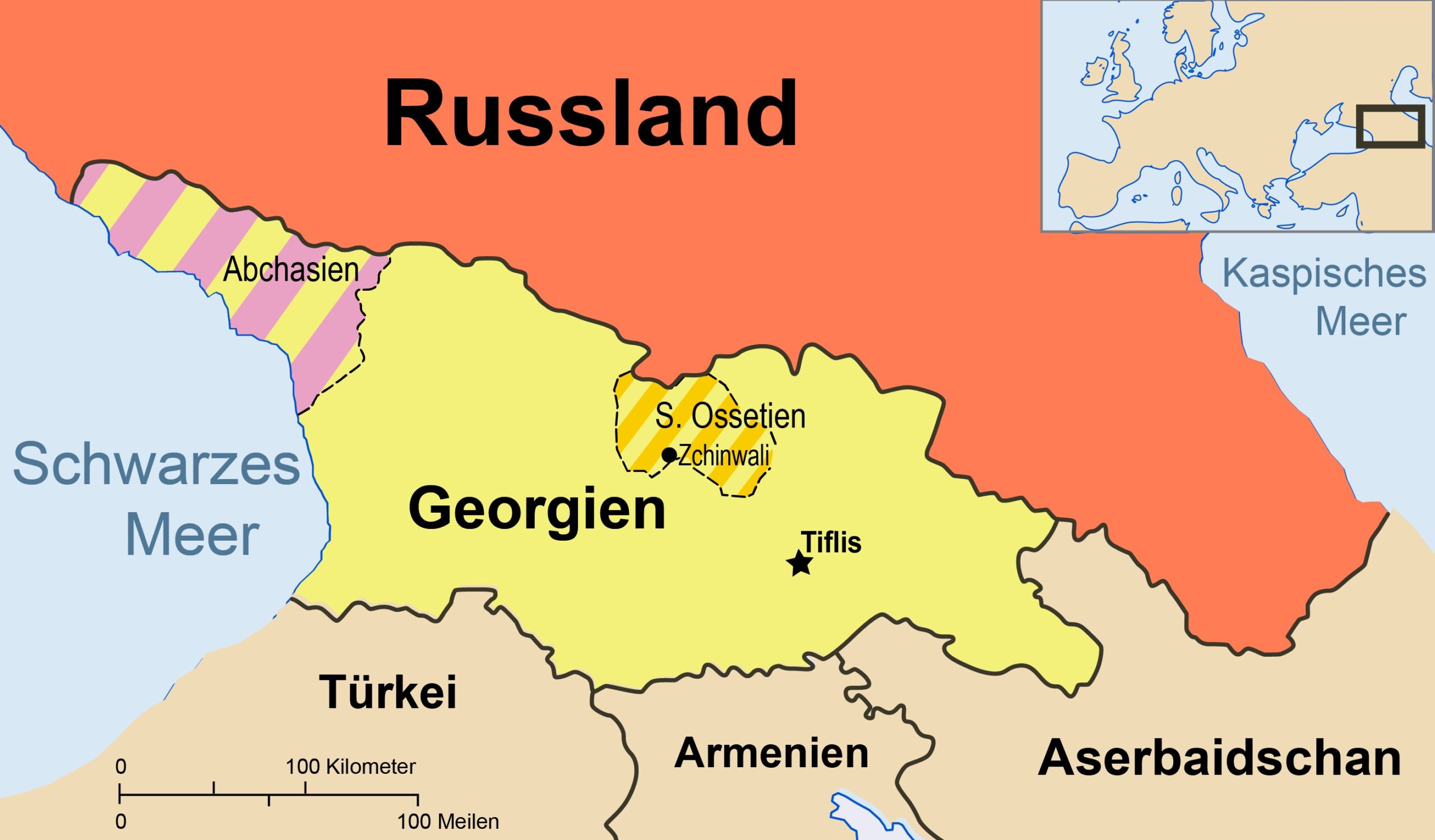 Karte von Georgien mit den beiden Provinzen Abchasien und Südossetien.
