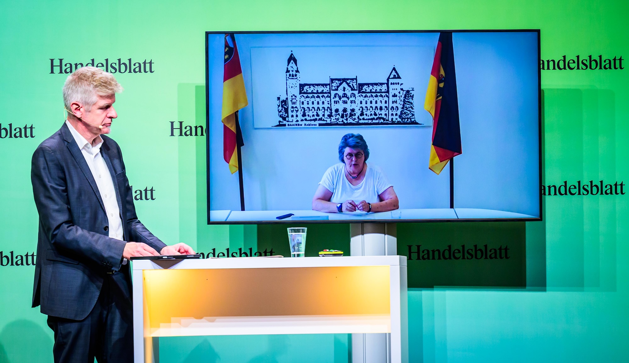 Die digital zugeschaltgete Präsidentin des BAAINBws, Annette Lehnigk-Emden, im Gespräch mit dem Handelsblatt-Redakteur Frank Specht.