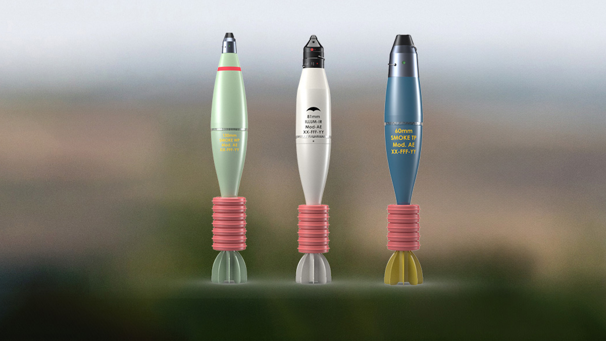 Mörsergranaten von Rheinmetall in den Varianten als Spreng-, Nebel- und Leuchtmunition.