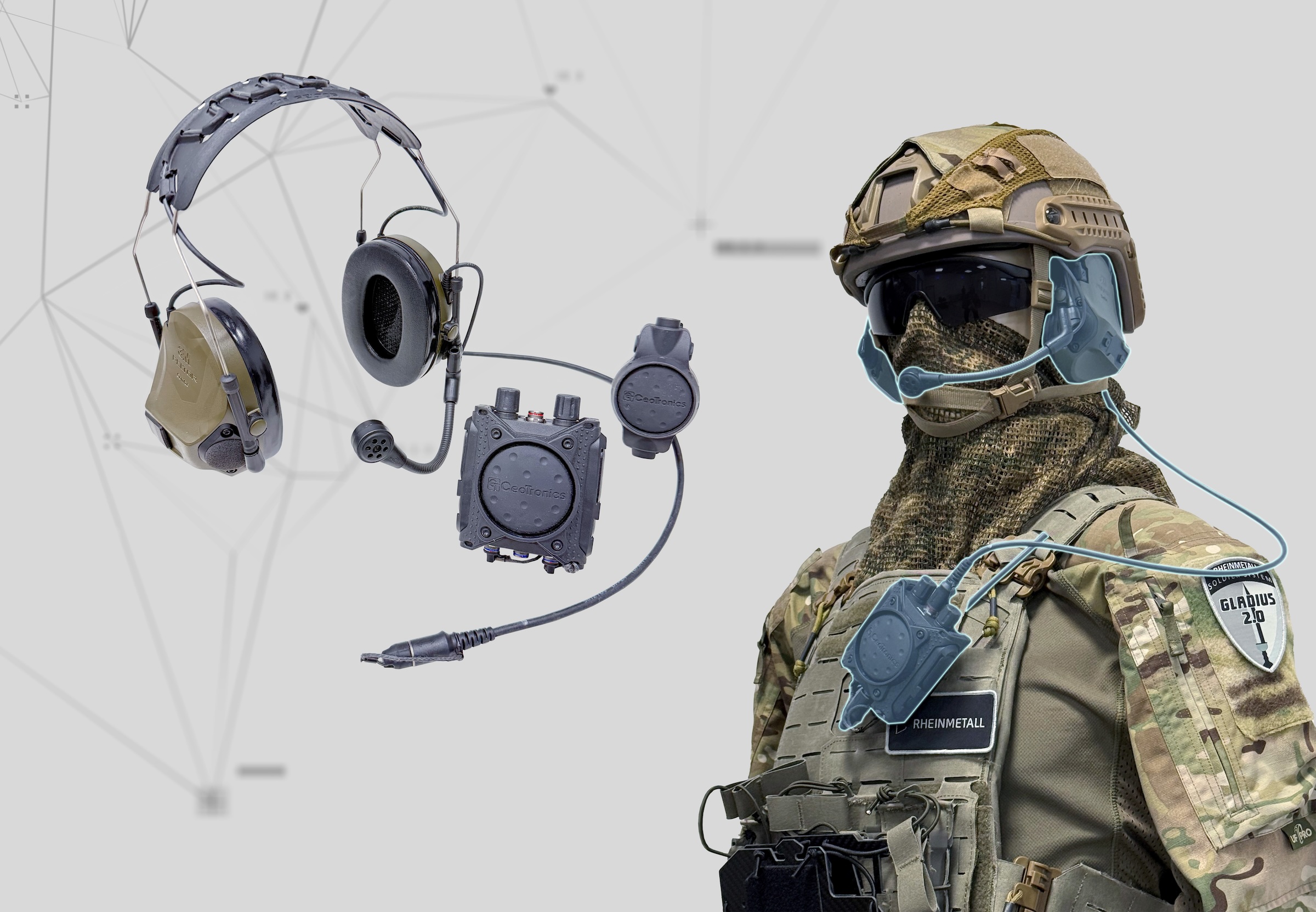 Das System SMG im Überblick. Die Sprechsätze mit Gehörschutzfunktion bestehen aus dem taktischen Headset, zwei PTT-Tasten zur Auswahl sowie entsprechender Kabel zur Anbindung.