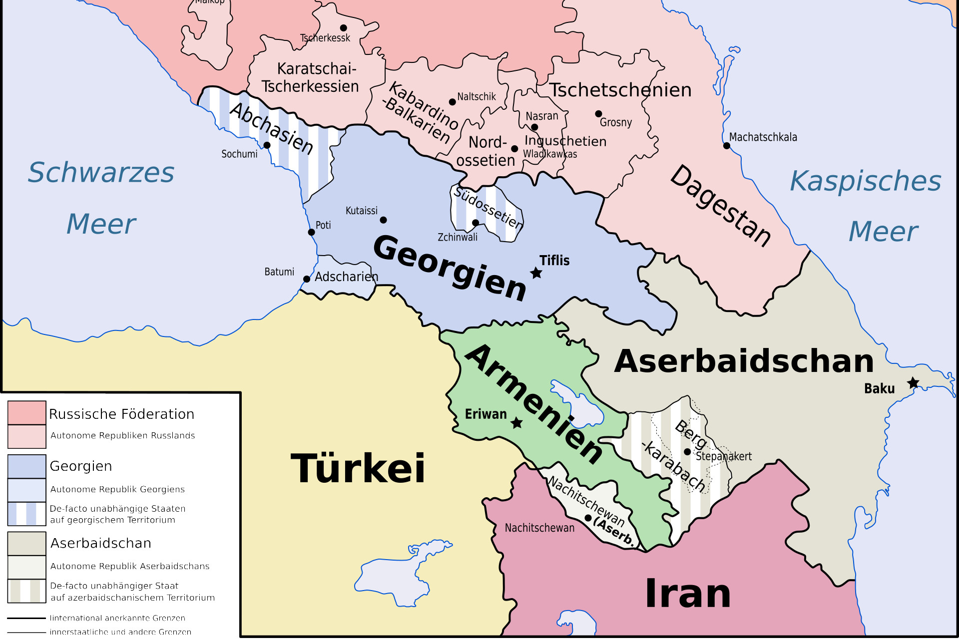 Karte der Konflikregion Kaukasus mit von Russland besetzten Gebieten in Georgien und der bis Ende 2023 existierenden Republik Arzach.